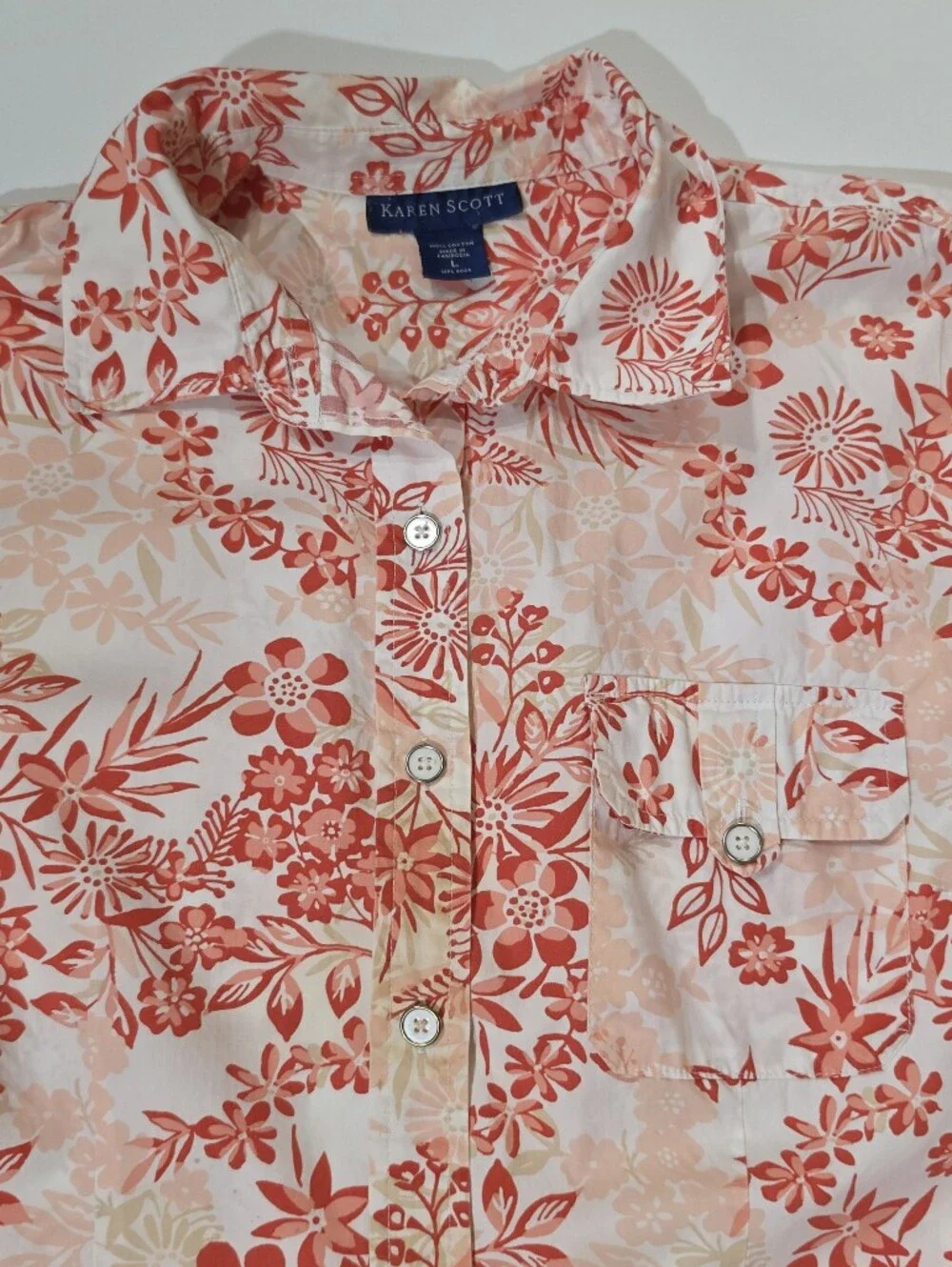 Karen Scott Button Down Shirt Womens Large Cream Pink Orange Floral Resortwear
